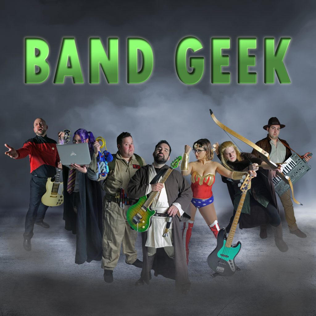 The first Band Geeks pivot. L to R: Andy Graziano, Brandi Metaxas, Jarrett Pressman, Me, Ann Marie Nacchio, Andy Ascolese, Vincent Innocente. (Notice how we're all wearing costumes? That's how you know we're Geeks.) Circa 2017. - Photo by Tony Hanson